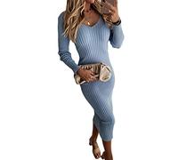 ORANDESIGNE Damen Strickkleid Elegante Pulloverkleid V-Ausschnitt Langarm Bodycon Midikleid Slim Fit Einfarbige Partykleid Sweater Pullover Kleider