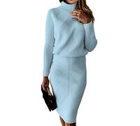 ORANDESIGNE Damen Strickkleid Zweiteiliger Anzug Pullover Oberteil und Midi Strickrock Bodycon 2 Stück Set Midikleid Rollkragen Pulloverkleid C Hellblau XS
