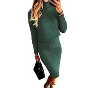 ORANDESIGNE Damen Strickkleid Zweiteiliger Anzug Pullover Oberteil und Midi Strickrock Bodycon 2 Stück Set Midikleid Rollkragen Pulloverkleid A Grün XL