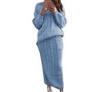 ORANDESIGNE Damen Strickkleid Zweiteiliger Anzug Pullover Oberteil und Midi Strickrock Bodycon 2 Stück Set Winter Strick Kleid Pulloverkleid A Blau XL