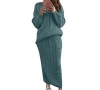 ORANDESIGNE Damen Strickkleid Zweiteiliger Anzug Pullover Oberteil und Midi Strickrock Bodycon 2 Stück Set Winter Strick Kleid Pulloverkleid A Grün 3XL