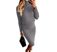 ORANDESIGNE Damen Strickkleid Zweiteiliger Anzug Pullover Oberteil und Midi Strickrock Bodycon 2 Stück Set Midikleid Rollkragen Pulloverkleid A Grau 3XL