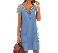 ORANDESIGNE Damen V-Ausschnitt Blusenkleid Hemdkleid Jeanskleider Kurzarm Knopf Shirtkleid Denim Dress A03-XXL