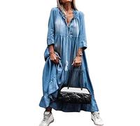 ORANDESIGNE Damen V-Ausschnitt Jeanskleider Denimkleid Sommerkleid Lose Kurzarm Partykleid Tunika Hemd Blusenkleid Jeanskleid Maxi Kleid Casual E Blau 38
