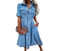 ORANDESIGNE Damen V-Ausschnitt Jeanskleider Denimkleid Sommerkleid Lose Kurzarm Partykleid Tunika Hemd Blusenkleid Jeanskleid Maxi Kleid N Blau 40