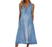 ORANDESIGNE Damen V-Ausschnitt Jeanskleider Denimkleid Sommerkleid Lose Kurzarm Partykleid Tunika Hemd Blusenkleid Jeanskleid Maxi Kleid I Blau 38