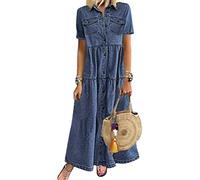 ORANDESIGNE Damen V-Ausschnitt Jeanskleider Denimkleid Sommerkleid Lose Kurzarm Partykleid Tunika Hemd Blusenkleid Jeanskleid Maxi Kleid B Blau 38