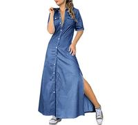 ORANDESIGNE Damen V-Ausschnitt Jeanskleider Denimkleid Sommerkleid Lose Kurzarm Partykleid Tunika Hemd Blusenkleid Jeanskleid Maxi Kleid Q Blau 38