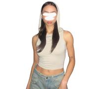 ORANDESIGNE Damen V-Ausschnitt Kapuzen T-Shirt Mode Sexy Crop Top mit Kapuze Lässig Langarm Tees Ausgeschnitten Schlanke Passform Techwear Punk Top Y2k Strickweste Streetwear P Aprikose M