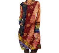 ORANDESIGNE Damen Vintage Ethnischen Stil Farbblock Kleid Langarm A-Linie Beiläufige Lose T-Shirt Kleid Knielang Blusenkleid Rundhals Tunika Kleid mit Taschen A Orange L