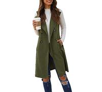 ORANDESIGNE Damen Westen Ärmellose Lange Vest Jacke Zweireihig Einfarbig Weste Ärmelloser Langer Mantel Lässige Revers Jacke Übergangs Mantel mit Taschen Trench Gilets Coats Herbst A Armeegrün L