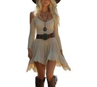 ORANDESIGNE Damen Western Cowgirl Kleid Boho Chic Dress Langarm V-Ausschnitt Minikleid Sommerkleider B Weiß XL