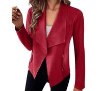 ORANDESIGNE Damen Wildlederjacke Kurz Übergangsjacke Moto Bikerjacke Herbst Frühling Leicht Jacken Reverskragen Langarm Boyfriend Cardigan Kurze Mantel mit Taschen Reißverschluss A Rot XL