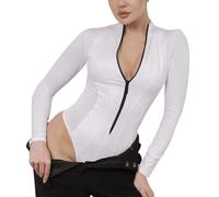 ORANDESIGNE Damen Y2K Langarm Sport Jumpsuit Kurz Eng Yoga Bodysuit Overall V-Ausschnitt Playsuits mit Reißverschluss Einteiliger Bodycon Strampler Ganzkörperanzug One Piece A Weiß L