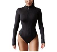 ORANDESIGNE Damen Y2K Langarm Sport Jumpsuit Kurz Eng Yoga Bodysuit Overall V-Ausschnitt Playsuits mit Reißverschluss Einteiliger Bodycon Strampler Ganzkörperanzug One Piece A Schwarz L