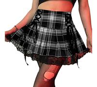 ORANDESIGNE Damen Y2k Minirock Harajuku Goth Punk Rock Gürteltasche A-Linie Gothic Plissee Miniröcke Hoher Taille Niedriger Taille Plaid Skater Spitze Mesh Rock Karierter Rock C Schwarz M