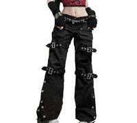 ORANDESIGNE Damen Y2k Wide Leg Pant Low Waisted Loose Fit Cargo Pants Retro Multiple Pockets Straight Leg Baggy Trouser Streetwear N Schwarz M