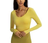 ORANDESIGNE Damen Yoga Crop Top Sportshirt Langarm Einfarbige Sexy Sport Kurz Oberteil Laufshirt Atmungsaktiv Leicht Schnell Trocknend Training Gym T-Shirt D Gelb S