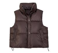 ORANDESIGNE Damen Zip Up Steppweste Kurz Stehkragen Weste Warm Crop Puffer Herbst Winter Weste mit Reißverschluss und Taschen Übergangsweste Leichte Daunenweste Kurz ohne Kapuze E Kaffee S