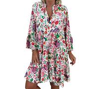 ORANDESIGNE Frauen Große Größen Blumenmuster Kleider Boho Stil Übergröße Sommerkleider Blumendruck Knielang Kleid Kurzarm Kleid Tunika Swing Kleid 01 Mehrfarbig 38