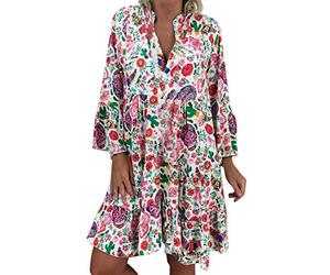 ORANDESIGNE Frauen Große Größen Blumenmuster Kleider Boho Stil Übergröße Sommerkleider Blumendruck Knielang Kleid Kurzarm Kleid Tunika Swing Kleid 01 Mehrfarbig 38