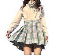 ORANDESIGNE Frauen Mädchen Kurze Hohe Taille Gefaltete Skater Tennis Schule Rock Damen Kariert Rock Faltenröcke Minirock Kurz Skirt Mit Fliege Q Grün M