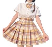 ORANDESIGNE Frauen Mädchen Kurze Hohe Taille Gefaltete Skater Tennis Schule Rock Damen Kariert Rock Faltenröcke Minirock Kurz Skirt Mit Fliege T Gelb M