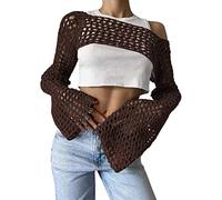 ORANDESIGNE Frauen Y2K Crochet Crop Top Langarm Strick Color Block Top Square Neck Crochet Aushöhlen Pullover Pullover 90er Streetwear D Kaffee S