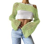 ORANDESIGNE Frauen Y2K Crochet Crop Top Langarm Strick Color Block Top Square Neck Crochet Aushöhlen Pullover Pullover 90er Streetwear D Hellgrün M