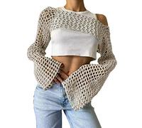 ORANDESIGNE Frauen Y2K Crochet Crop Top Langarm Strick Color Block Top Square Neck Crochet Aushöhlen Pullover Pullover 90er Streetwear D Beige M