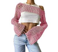 ORANDESIGNE Frauen Y2K Crochet Crop Top Langarm Strick Color Block Top Square Neck Crochet Aushöhlen Pullover Pullover 90er Streetwear D Rosa XS
