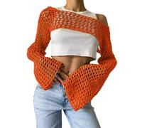 ORANDESIGNE Frauen Y2K Crochet Crop Top Langarm Strick Color Block Top Square Neck Crochet Aushöhlen Pullover Pullover 90er Streetwear D Orange L