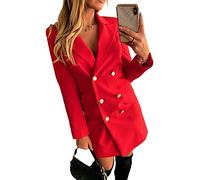 ORANDESIGNE Gestreift Zweireiher V-Ausschnitt Langarm Minikleid Blazerkleid Büro Kleider Damen Elegant Solide Kariert Hemdkleid Business Slim Fit Büro Jacken Mantelkleid Y Rot 34