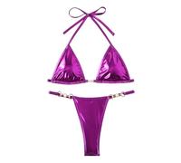 ORANDESIGNE Glänzend Triangel Bikini Damen Set Sexy Bikini String Tanga Zweiteiliger Bikinis mit Neckholder Rückenfrei Bikinioberteile Niedrige Taille Bikinihose A Violett S