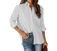 ORANDESIGNE Hemd Damen Blau Weiss Gestreift Bluse Langarm Business Casual Oberteil V-Ausschnitt Arbeit Hemd Locker Knöpfleiste Hemdbluse A Weiß S