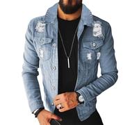 ORANDESIGNE Herren Jeansjacke Biker Style Jeans Jacket Blue Denim Jacke Blau Männer Streetwear Solide Löcher Schlank Casual Mantel Zerrissene for Casual Stil Winter B Hellblau XXL