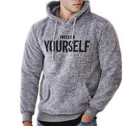 ORANDESIGNE Herren Kapuzenpullover Warmer Plüsch Hoodie Fuzzy Briefstickerei Sweatshirt mit Kapuze Teddy-Fleece Pullover mit Taschen für Männer Langarm Mantel A Grau M