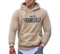 ORANDESIGNE Herren Kapuzenpullover Warmer Plüsch Hoodie Fuzzy Briefstickerei Sweatshirt mit Kapuze Teddy-Fleece Pullover mit Taschen für Männer Langarm Mantel A Khaki L