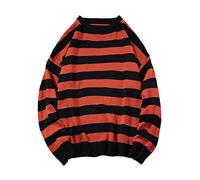 ORANDESIGNE Herren Oversize Gestreifter Strickpullover Autumn Winter Lässiger Rot Schwarz Rundhals Langarm Patchwork Pullover Unisex Männer Frauen Pulli Adolescent Harajuku Gestrickte Oberteile A L