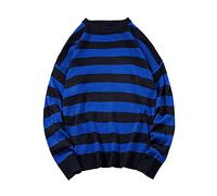 ORANDESIGNE Herren Oversize Gestreifter Strickpullover Autumn Winter Lässiger Rundhals Langarm Patchwork Pullover Unisex Männer Frauen Pulli Adolescent Harajuku Gestrickte Oberteile A Blau S