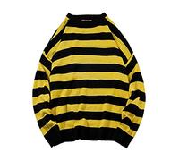 ORANDESIGNE Herren Oversize Gestreifter Strickpullover Autumn Winter Lässiger Rundhals Langarm Patchwork Pullover Unisex Männer Frauen Pulli Adolescent Harajuku Gestrickte Oberteile A Gelb XL