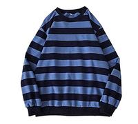 ORANDESIGNE Herren Oversize Streifen Sweatshirt Rundhals Gestreiftes Baumwolle Langarmshirts Herbst Winter Unisex Lässiger Langarm Patchwork Pullover Adolescent Jungen Harajuku Hemd A Blau XXL