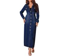 ORANDESIGNE Jeanskleid Damen Lang Jeans Kleid Langarm Jeanskleider Herbst Maxi Jeanskleid mit Hoher Taille A Dunkelblau S