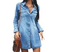 ORANDESIGNE Jeanskleid Damen Sommer Denim Kleid Lässiger Kurzer Rock Mode Blusenkleid Sommerkleid Kurzarm Hemdkleid Denimkleid Freizeitkleid Reverskragen mit Knöpfen A Blau L