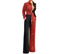 ORANDESIGNE Jumpsuit Damen Elegant Langarm Playsuit V-Ausschnitt Casual Lose Overalls Lang Romper Hosenanzug Frauen Playsuit mit Taschen Romper B Rot M