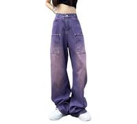 ORANDESIGNE K Violett Damen Jeans Baggy Hose Cargohose Niedrige Taille Breites Bein Schlaghosen Y2K Aesthetic Vintage Harajuku 90er E-Girl Streetwear Hohe Taille Denim Hosen M