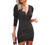 ORANDESIGNE Kleid Damen Schlank Dünnes Kleid Einfarbig Pailletten Tiefer V-Ausschnitt Lange Ärmel Enger Rock Kurzes Kleid Frauen A Schwarz XS