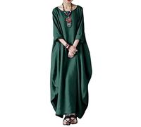 ORANDESIGNE Lange Leinenkleid Damen Rundhals Lose Boho Kaftan Große Größen Halber Ärmel Mittelalter Baumwolle Leinen Maxikleid Oversize Strandkleid Strandponcho A Grün L