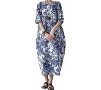 ORANDESIGNE Lange Leinenkleid Damen Rundhals Lose Boho Kaftan Große Größen Halber Ärmel Mittelalter Baumwolle Leinen Maxikleid Oversize Strandkleid Strandponcho C Blau 3XL