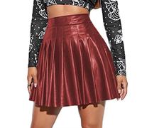 ORANDESIGNE Lederrock Damen Sexy Kurz Plissee Rock Party Hohe Taille PU Minirock Leder Ausgestellter Rock Einfarbig Skater Rock Sommer Clubwear Outfit Rot M